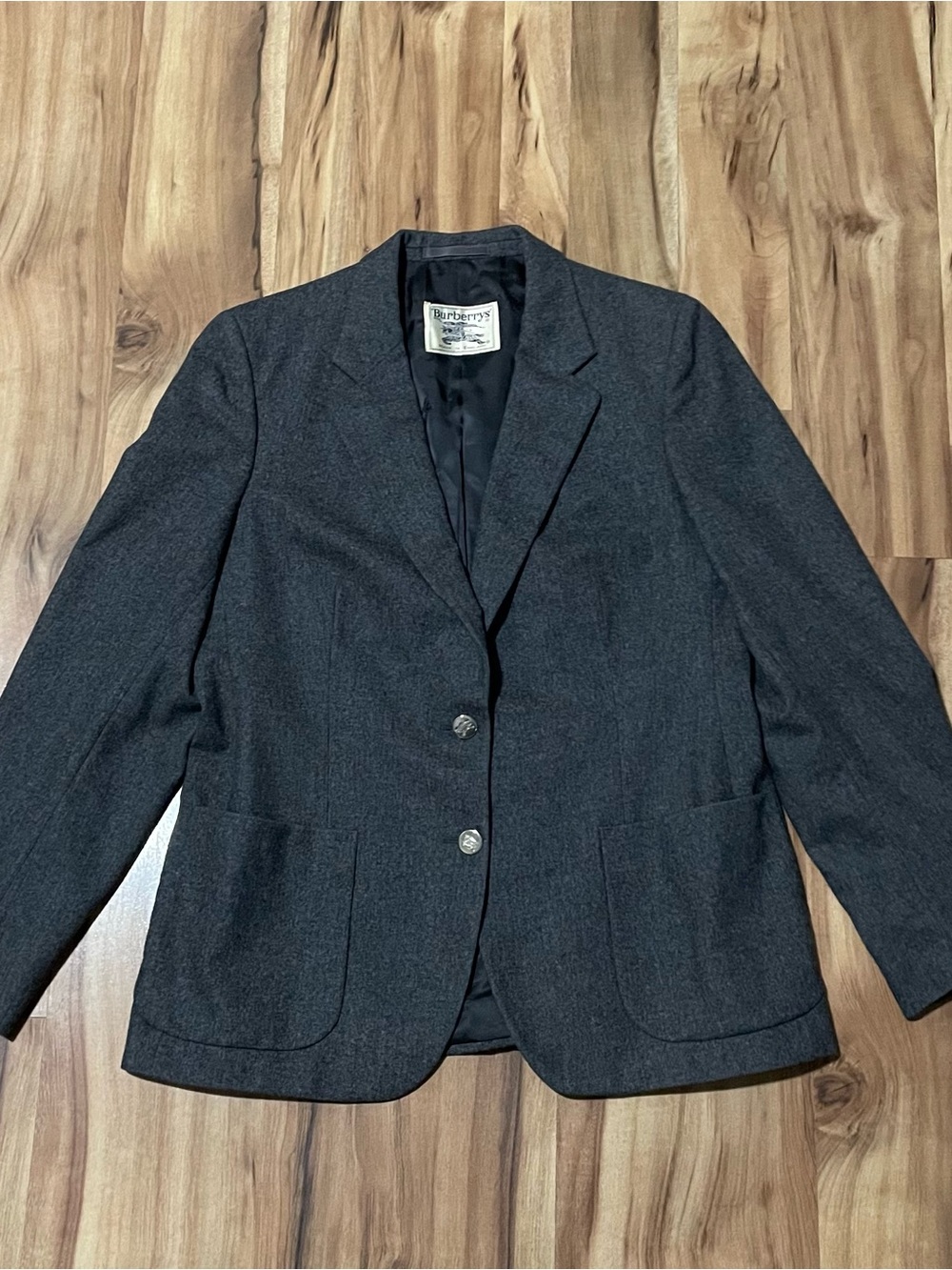 VTG 90s Burberrys England Dark Gray 100% Wool Blazer Jacket Patch Pockets Sz 14R